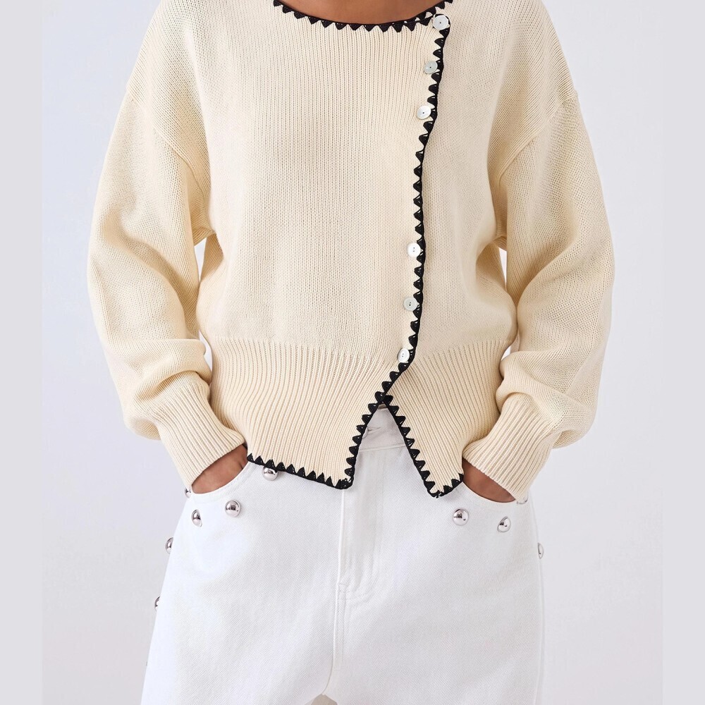 Cream Contrast Whipstitch Asymmetric Button Front Cardigan